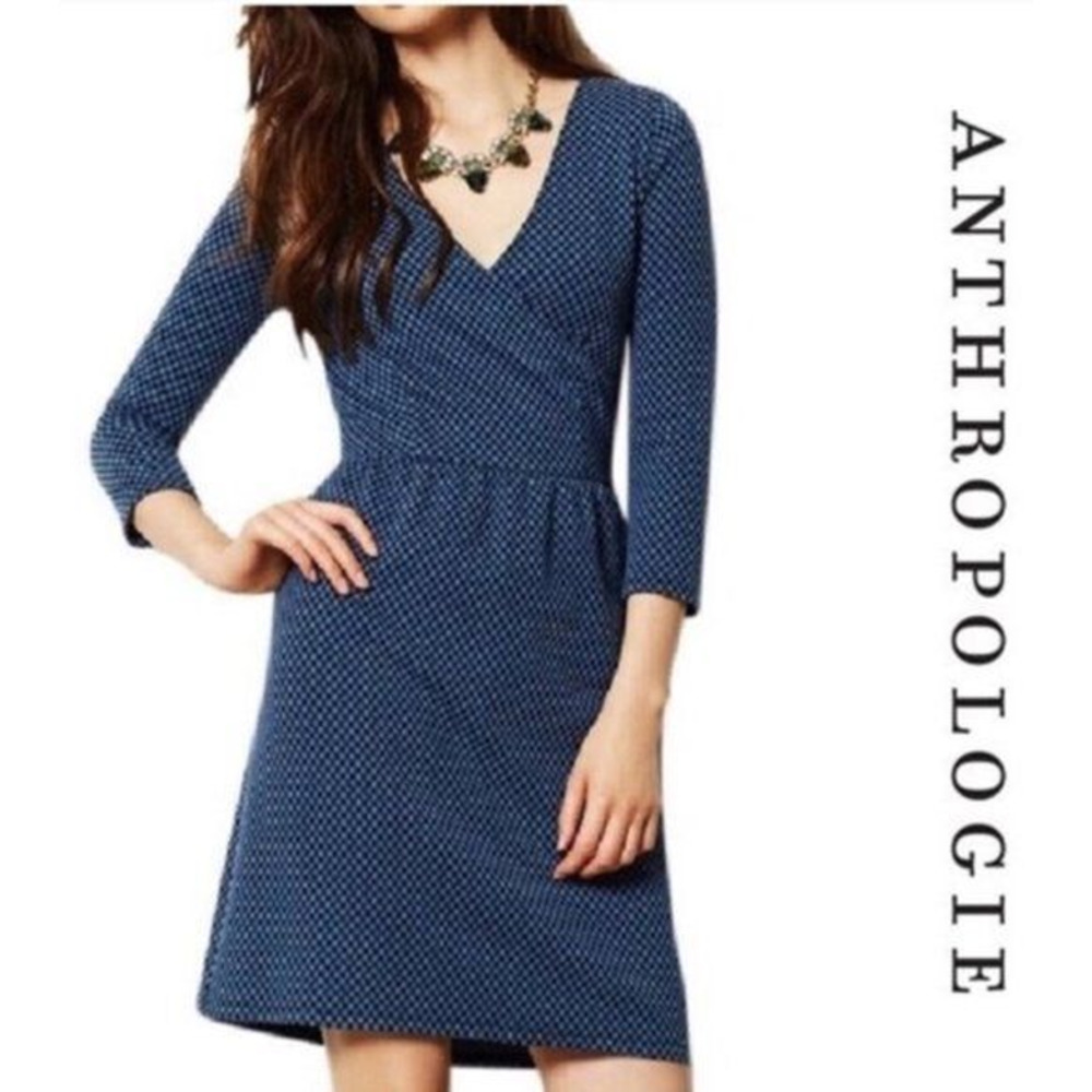 Anthropologie HD in Paris Blue Textured Polka Dot Wrap V-Neck Dress w Pockets